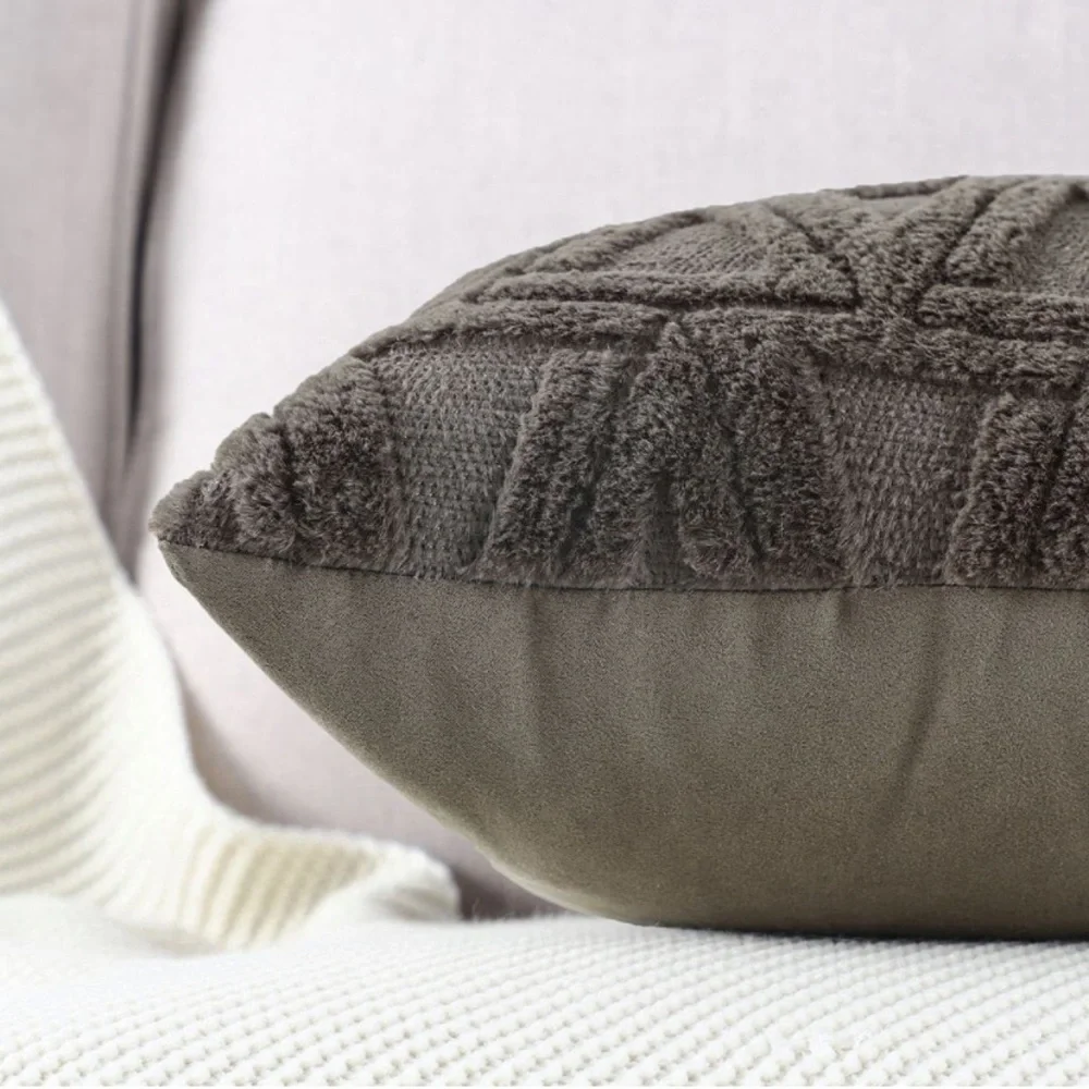 Luxury Home | Boho Chic Taupe Geo Short Wool Faux Fur Lumbar Throw Pillow Covers
